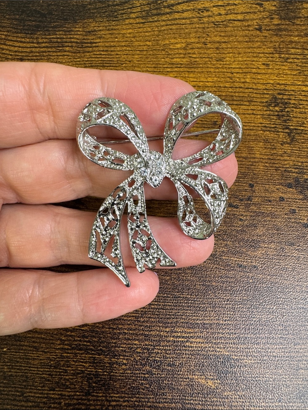 Vintage Silver Bow Crystal Brooch - Sparkling Ribbon Pin
